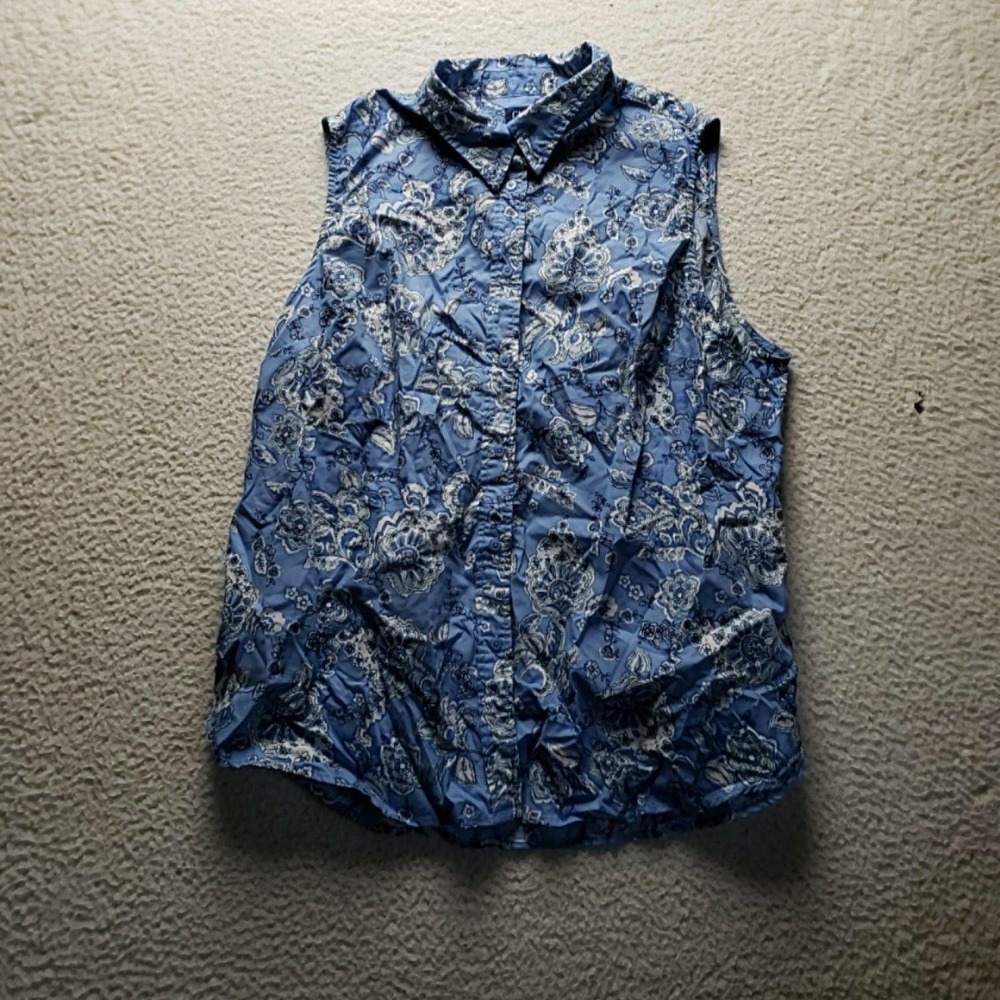 Chaps Button Up Shirt Womens 2XL Blue Collared Sleeveless Paisley Non Iron Top